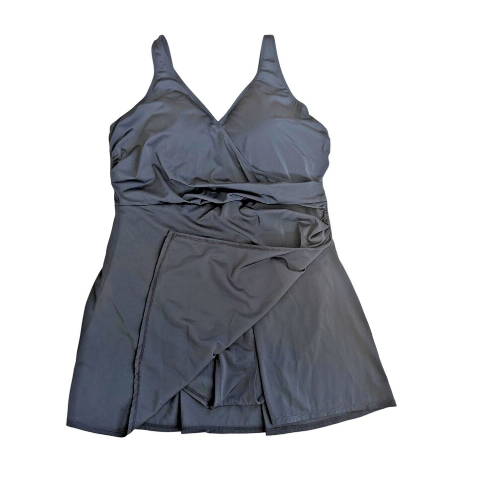 Denim & Co. Beach Black Crossover Wrap One Piece Swimdress Women's 18W EUC